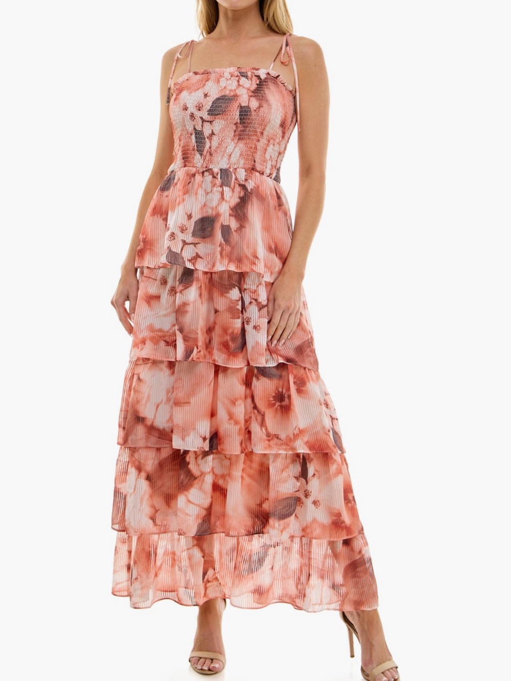 Floral Tiered Maxi Dress in Coral Pink